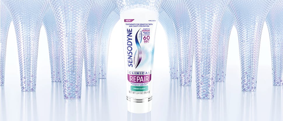 Image of Sensodyne Clinical Repair packshot with dentin tubules