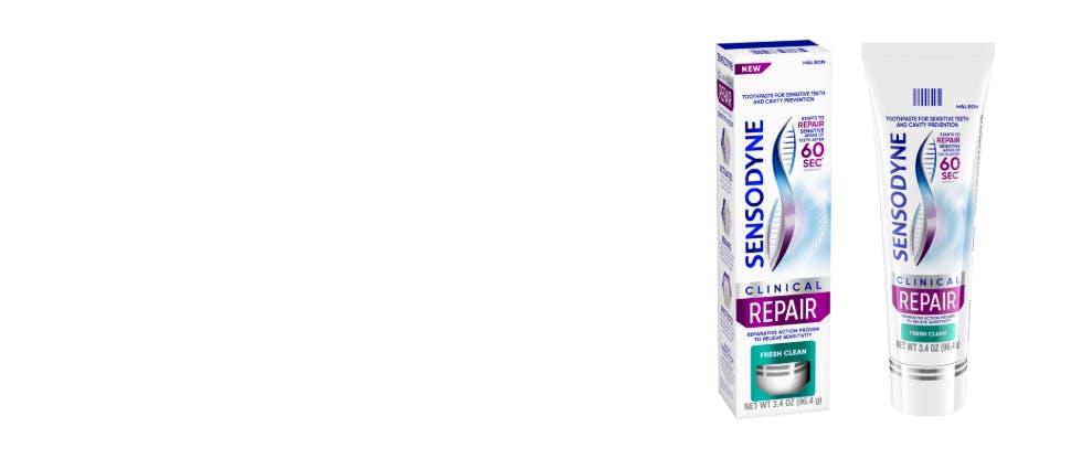 Sensodyne Clinical Repair toothpaste box and tube