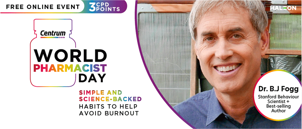 World Pharmacist Day title in Centrum Bottle in rainbow spectrum outline and has Centrum logo at the top of the bottle. To the right of the bottle is a graduation cap above the words “simple and science-backed habits to help avoid burnout”