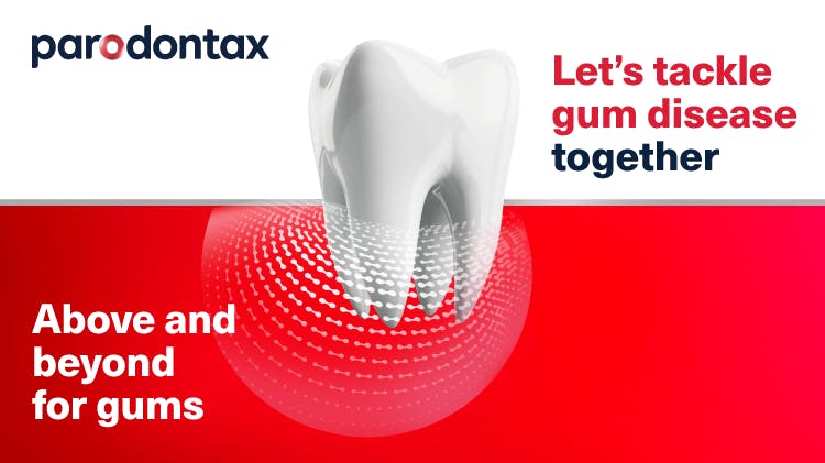 Graphic tooth icon with the text ‘Let’s tackle gum disease together’ and ‘Above and beyond for gums’