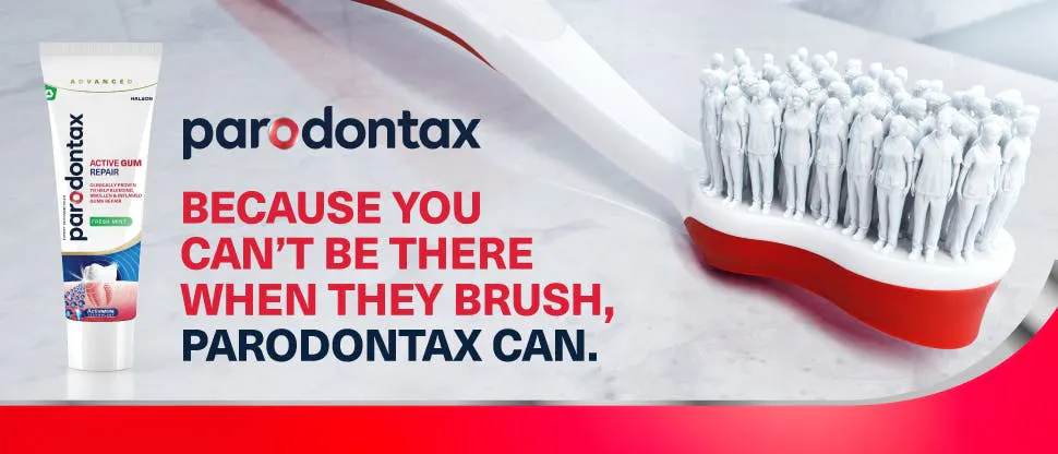 Close-up image of a toothbrush and a tube of parodontax Active Gum Repair toothpaste, along with the text “parodontax – because you can’t be there when they brush, parodontax can.”