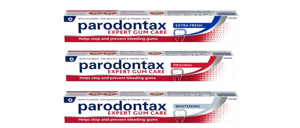 Packaging of the parodontax toothpaste product range, formulated with sodium bicarbonate to aid plaque removal