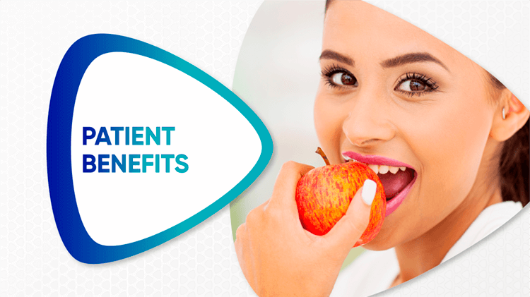Text reads patient benefits with an image of a woman eating apple