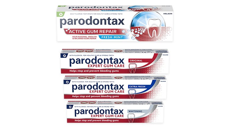 Packaging of the parodontax toothpaste product range, formulated with sodium bicarbonate to aid plaque removal.