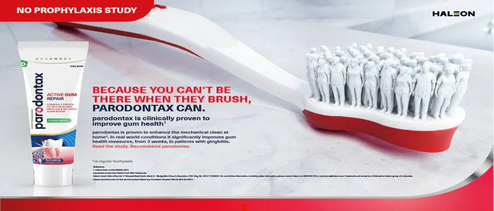 Photo of a toothbrush and a tube of parodontax Active Gum Repair toothpaste with the text “parodontax – because you can’t be there when they brush, parodontax can. parodontax is proven to improve gum health in patients with gingivitis in a latest clinical study.”