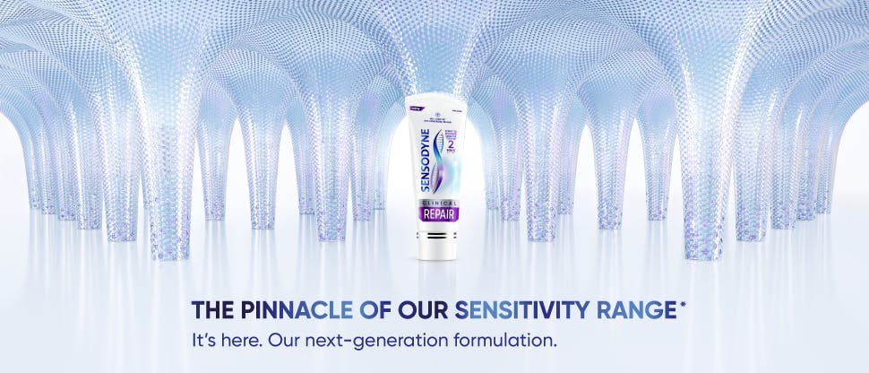 Sensodyne banner featuring a tube of the new Sensodyne Clinical Repair Toothpaste and the text "The pinnacle of our sensitivity range”