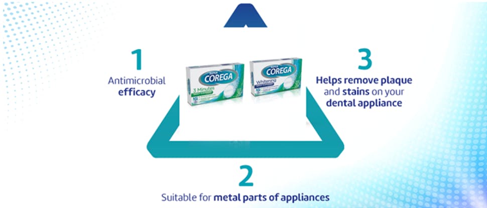 Super Corega denture cleanser action: antimicrobial efficacy, removes plaque and stains, suitable for appliances with metal parts