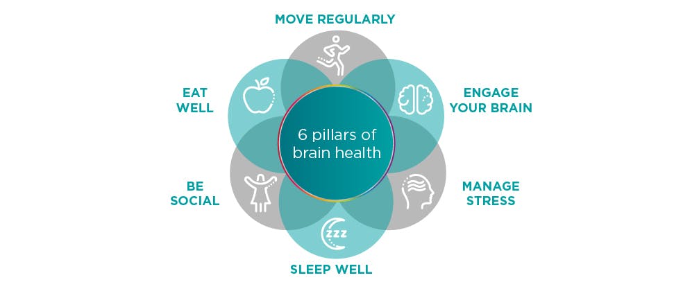 Diagram showing the 6 pillars of brain health, from the Global Brain Council. These are: eat well, move regularly, engage your brain, manage stress, sleep well and be social.