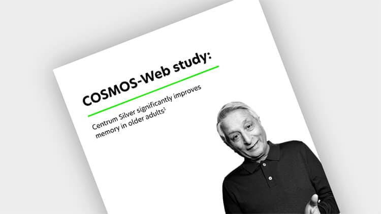 Cover image of COSMOS-Web study summary publication. Text: Centrum Silver is shown to significantly improve memory in older adults1