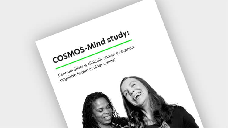 Cover image of COSMOS-Mind study summary publication. Text: Centrum Silver is clinically shown to support cognitive health in older adults1