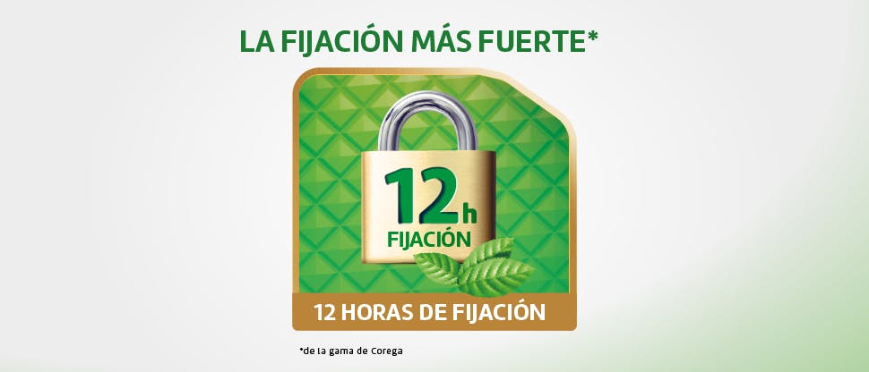 La retención por hasta 12 horas asegura las prótesis dentales en su lugar
