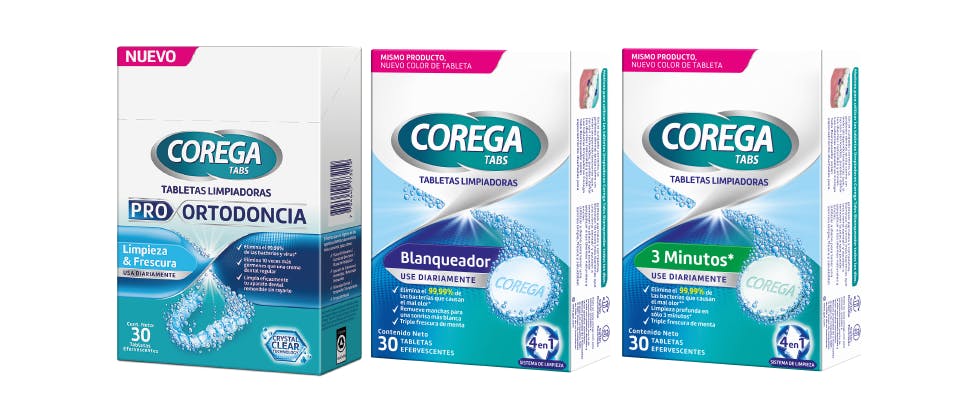 Acción de tabletas Corega: elimina el 99,99% de las bacterias*, ayuda a remover la placa y elimina manchas