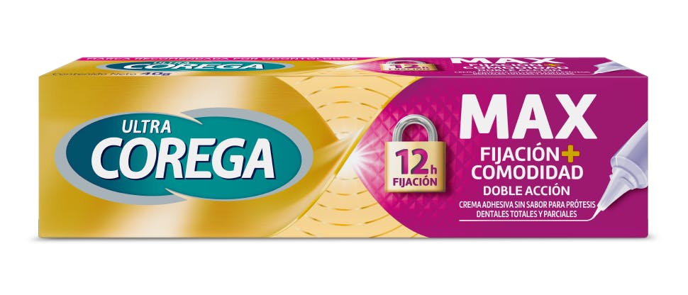 Packshot de adhesivo Ultra Corega Max Fijación+Comodidad