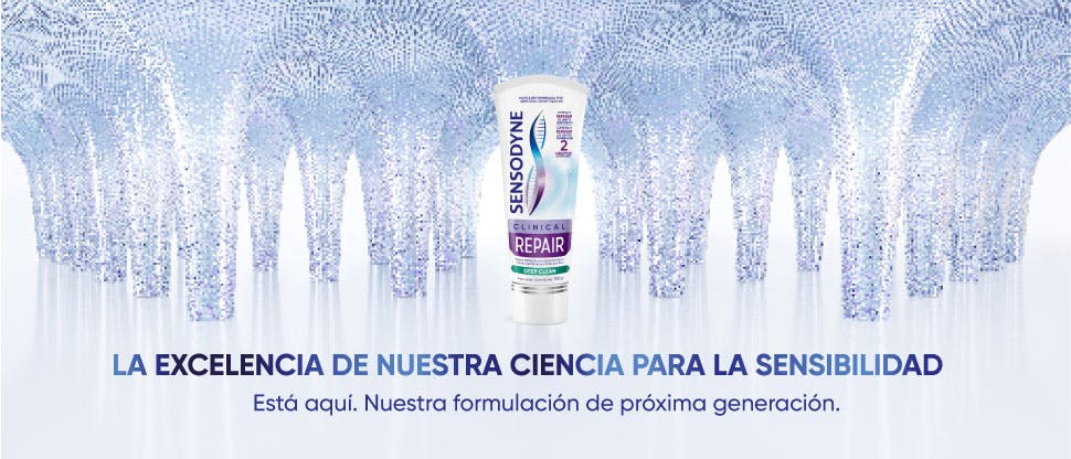 Banner de Sensodyne con un tubo de la nueva crema dental Sensodyne Clinical Repair 