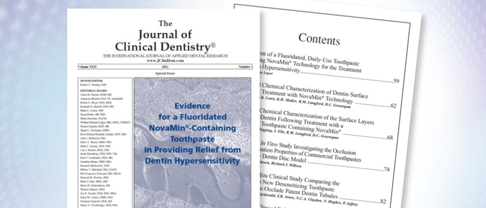 Imagen de estudios clínicos en el Journal of Clinical Dentistry sobre la tecnología NovaMin en Sensodyne