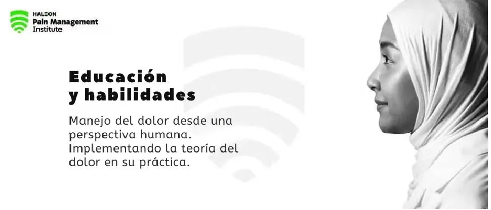 Imagen del logotipo del Instituto de Manejo del Dolor Haleon y el perfil lateral de una joven que lleva un pañuelo en la cabeza 