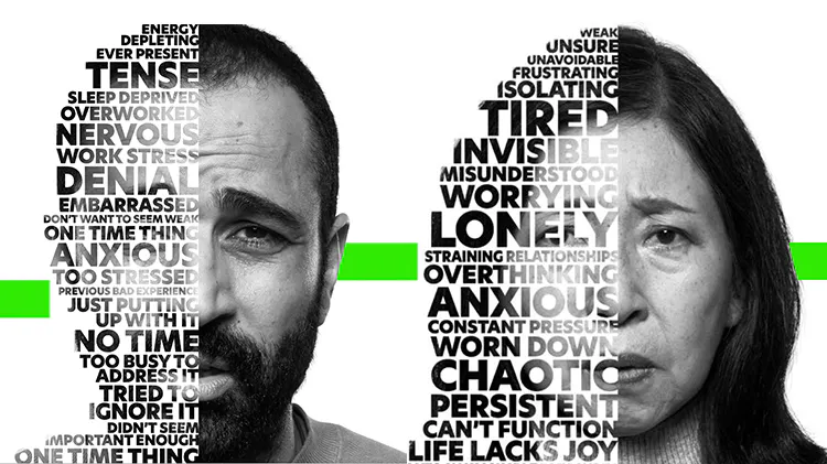 Imagen de la campaña "Escuche el dolor": dos fotografías de rostro de pacientes con palabras descriptivas del dolor superpuestas en la mitad de sus rostros. 