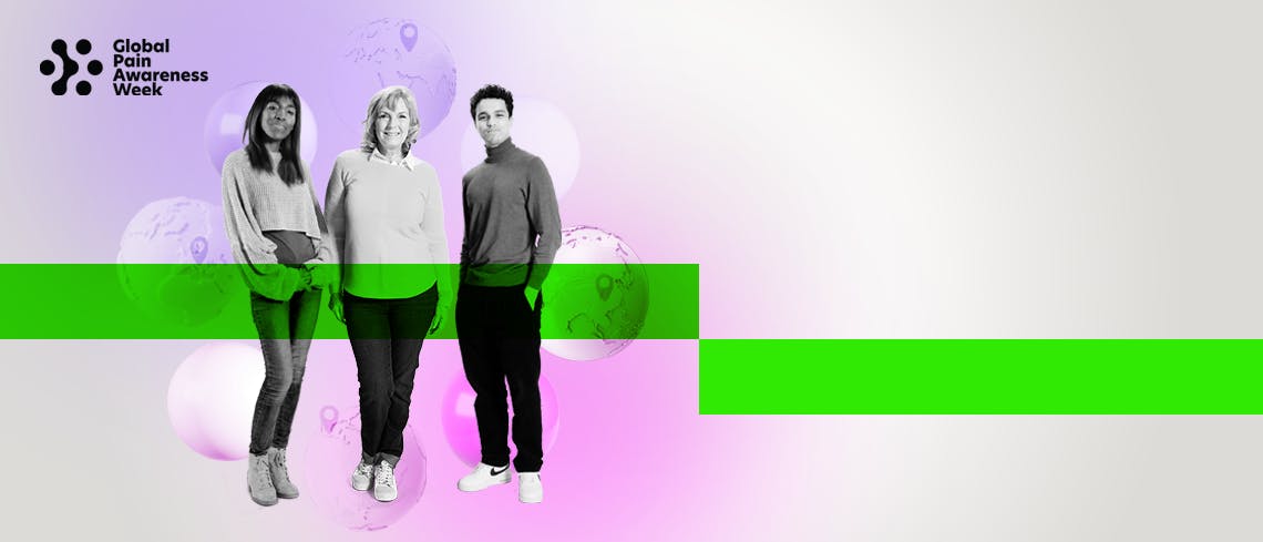 Una Fotografía de tres profesionales médicos con el logo de “Semana Global de Concientización sobre el Dolor” en la esquina superior izquierda 