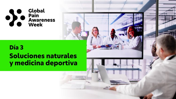 Imagen de un grupo de médicos asistiendo a una videoconferencia, superpuesta con el texto “día 3: soluciones naturales y medicina deportiva”.