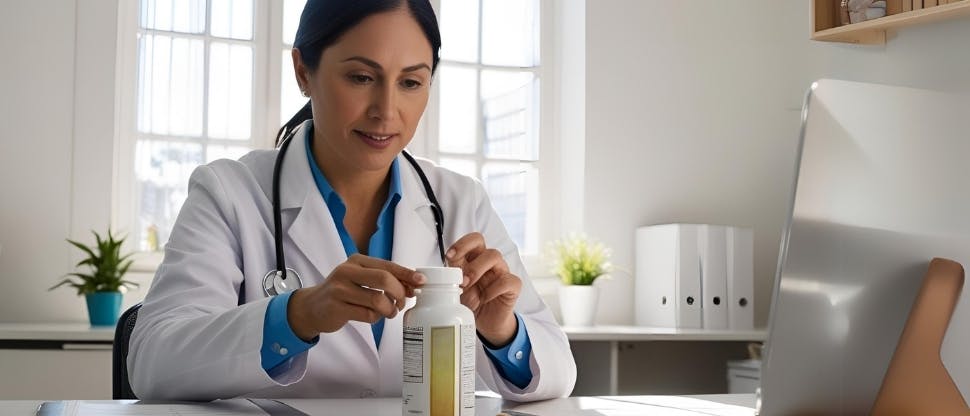 Nutrióloga leyendo un bote de vitaminas