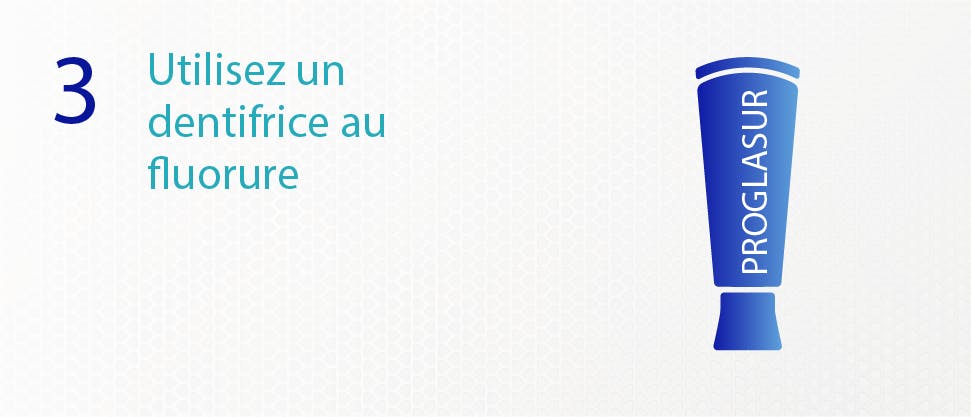 Numéro 3 avec texte, utilisez un dentifrice specifique au fluoride avec une icône dentifrice