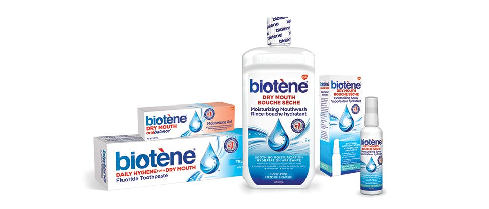 Gel hydratant Oralbalance pour la sécheresse buccale et rince-bouche hydratant Biotène pour la sécheresse buccale