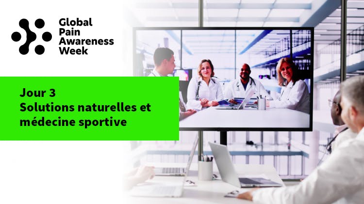 Image d'un groupe de médecins assistant à une vidéoconférence, superposée au texte « jour 3 : solutions naturelles et médecine sportive ».
