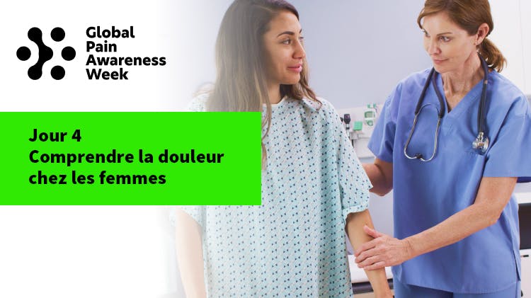 Image d'une médecin aidant une patiente portant une blouse d'hôpital à faire de l'exercice physique, superposée au texte « Jour 4 : Comprendre la douleur chez les femmes ».