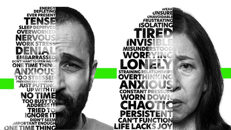 Visuel de la campagne « Écouter la douleur » – deux photos de patients avec des mots descriptifs de la douleur superposés sur la moitié de leur visage