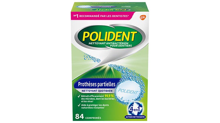 Plan produit du nettoyant Polident pour prothèses partielles