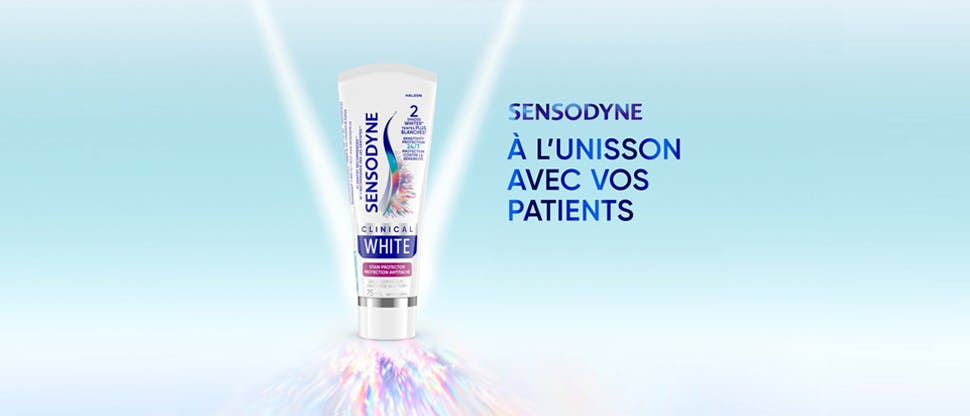 Bannière Sensodyne présentant le dentifrice blanchissant avec la phrase « En harmonie avec vos patients »