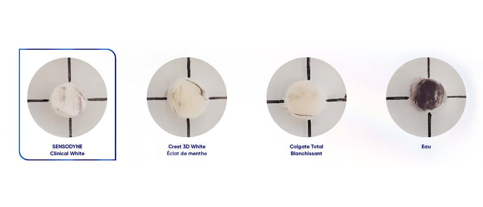 Échantillons d’émail bovin tachés traités avec différents dentifrices blanchissants et de l’eau montrent que Sensodyne Clinical White élimine les taches efficacement