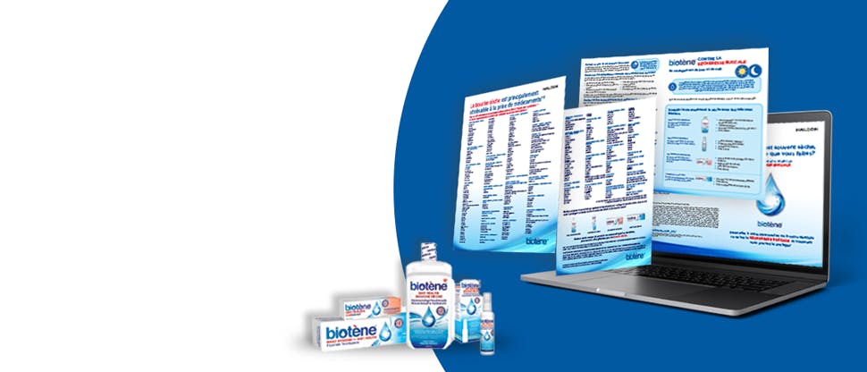 Bannière présentant toute la gamme de produits Biotène sur un fond blanc avec des détails bleus