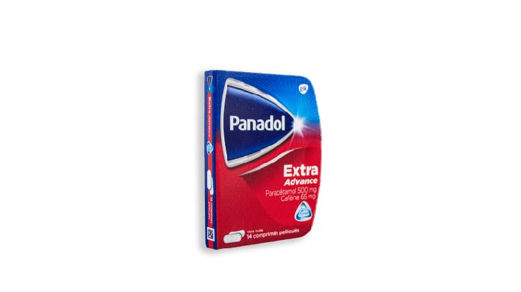 Présentation du pack Panadol Extra Advance avec 500mg de paracétamol et 65mg de caféine