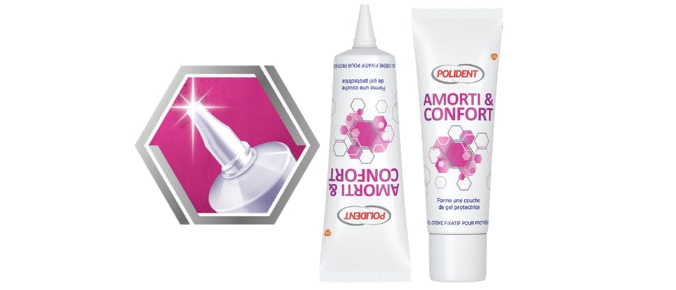 Tube amorti et confort_970*416 Mode d'action de Polident Amorti & Confort gel-crème fixatif pour prothèse dentaire