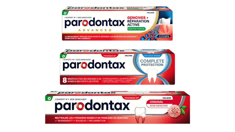 Emballage de la gamme de dentifrices parodontax, formulés avec du bicarbonate