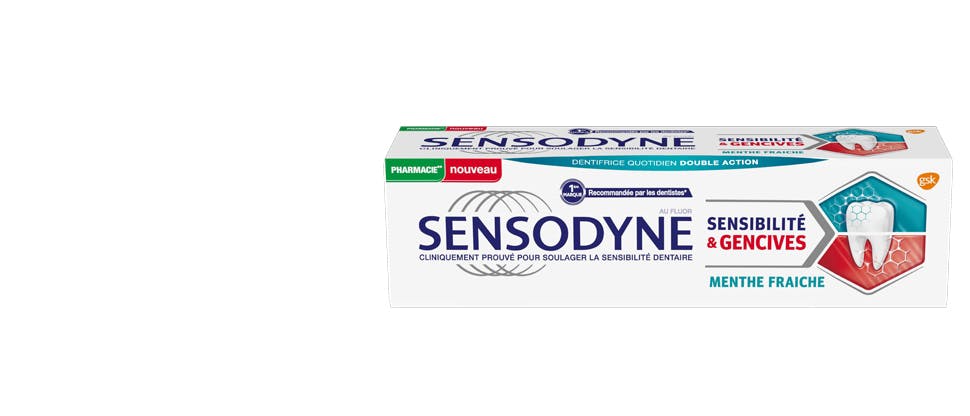 Le pack du dentifrice Sensodyne Sensibilité & Gencives menthe fraîche. Cliniquement prouvé pour soulager la sensibilité dentaire.