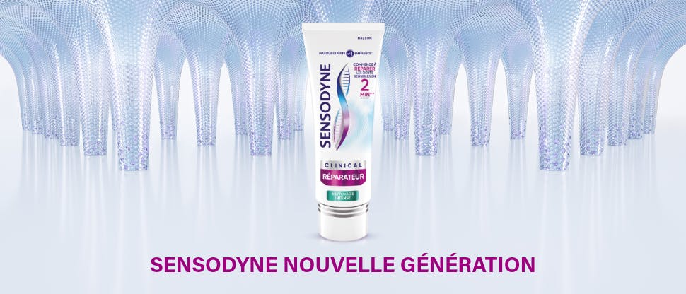 Bannière Sensodyne présentant un tube créé à partir de blocs de construction