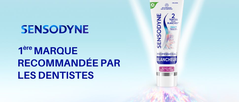 Bannière Sensodyne représentant l'emballage du dentifrice blanchissant avec le texte Blancheur cliniquement prouvée + protection contre la sensibilté 24H/7