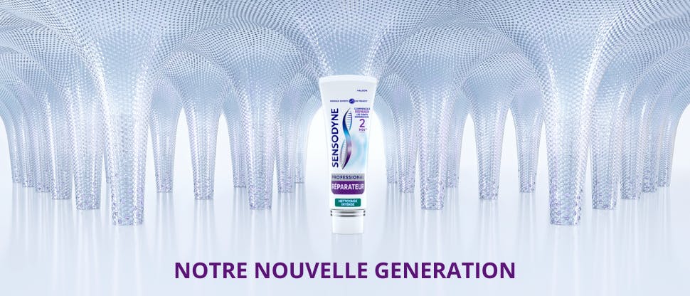 Bannière Sensodyne présentant un tube créé à partir de blocs de construction