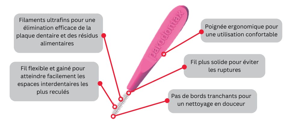 Schéma montrant les caractéristiques de la brossette interdentaire parodontax