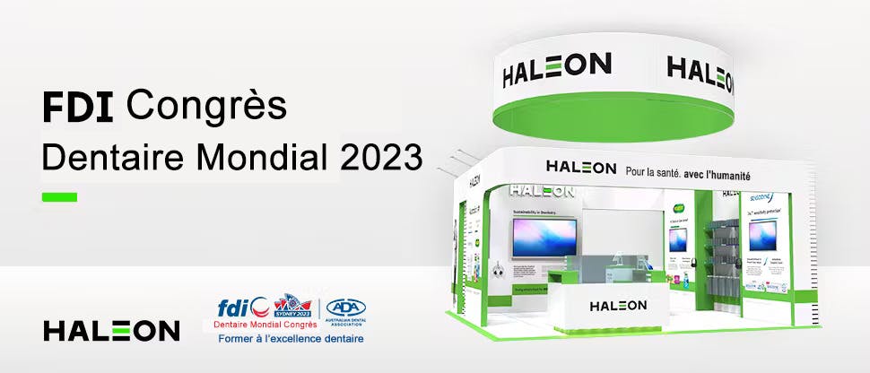 Visualisation 3D du stand Haleon à la FDI, avec les logos Haleon et FDI