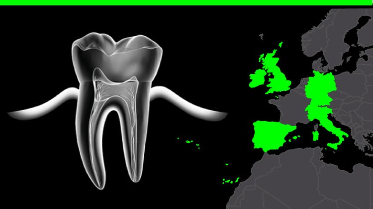 Image graphique d’une dent en noir et blanc, accompagnée d’une carte de l’Europe avec le Royaume-Uni, l’Espagne, l’Italie et d’autres pays européens surlignés en vert citron