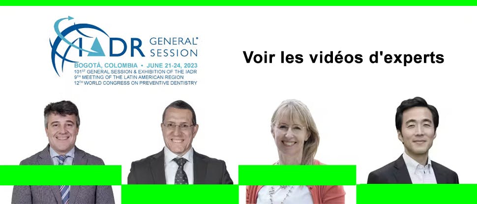 Bannière de l'IADR avec 4 images de présentateurs et le texte « view the expert videos » (voir les vidéos des experts)