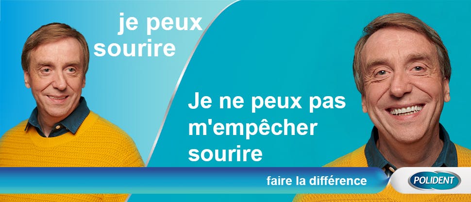 Un patient porteur d'une prothèse dentaire sourit après l'utilisation de Polident