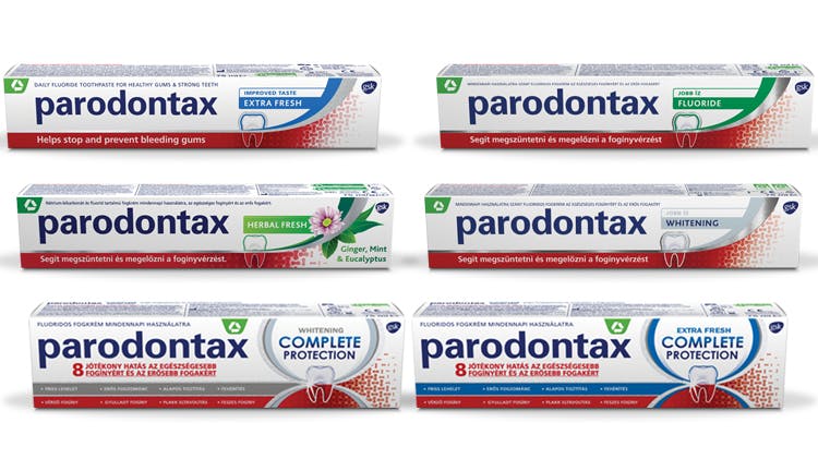 A lepedékeltávolítás elősegítésére nátrium-bikarbonátot tartalmazó parodontax fogkrém termékcsalád csomagolásai