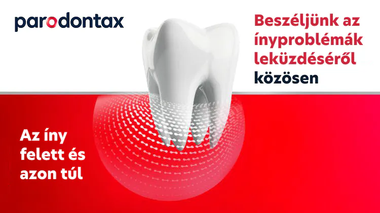 Fog ikon a “Beszéljünk az ínyproblémák leküzdéséről közösen!” és „ Az íny felett és azon túl.” feliratokkal