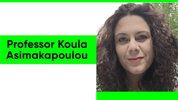 Koula Asimapoulou professzor arcképe, egy fehér nő barna göndör hajjal. Kék pólót vagy ruhát visel, ezüst nyaklánccal