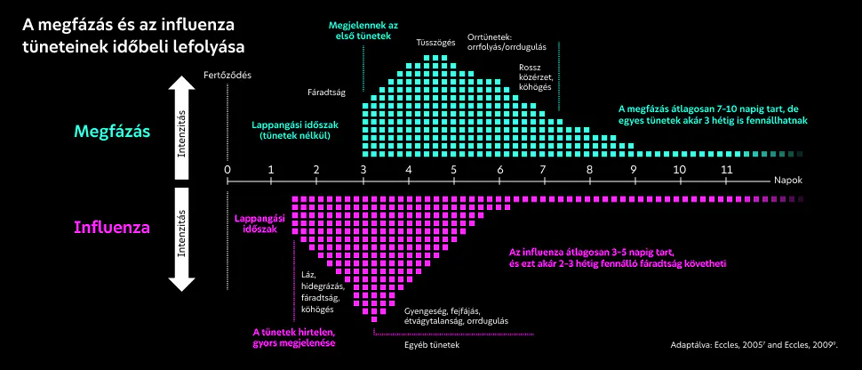 Oszlopdiagram, amely a tünetek intenzitásának időbeli alakulását mutatja be, összehasonlítva a megfázás és az influenza tüneteit
