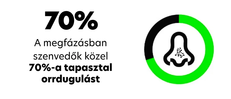 Orrot ábrázoló grafika a következő szöveggel: „A megfázásban szenvedők 70%-a tapasztal orrdugulást.”